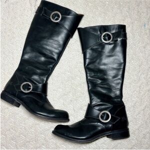 John Fluevog Black Leather Riding Boots with Silver Buckles
